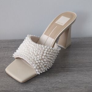 Dolce Vita Pearl-Embellished Cream Block Heel Mule